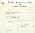 Registo de velocípede de marca Sachs, com o nº 8808, em nome de Daniel Inácio, morador em Odrinhas.