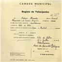 Registo de velocípede de marca Raio e Pombal, com o nº 2582, em nome de Frederico Alexandre, morador em Vale de Lobos.