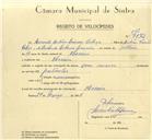 Registo de velocípede com o nº 9872, em nome de Armindo António Loureiro Cabeça, morador em Maceira.