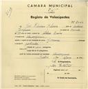 Registo de velocípede com o nº 2424, em nome de José Feliciano Ribeiro, morador em Almoçageme.