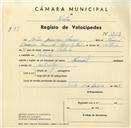 Registo de velocípede de marca Nacional, com o nº 3363, em nome de Heitor Domingos Marcos, morador em Cabrela.