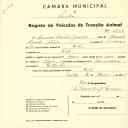 Registo de um veiculo de duas rodas tirado por um animal de espécie muar destinado a transporte de mercadorias em nome de Manuel Duarte Júnior, morador no Ral.