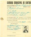 Registo de matricula de cocheiro profissional em nome de Joaquim Prudêncio, morador em Sintra, com o nº de inscrição 905.