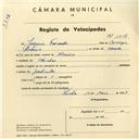 Registo de velocípede com o nº 4218, em nome de Joaquim Fernandes, morador em Odrinhas.