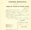 Registo de um veiculo de duas rodas tirado por dois animais de espécie muar destinado a transporte de mercadorias em nome de Joaquim José Jorge, morador na Aldeia Galega.