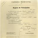 Registo de velocípede de marca Colonial Club, com o nº 985, em nome de Domingos Duarte Bispo, morador em Tojeira.