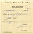 Registo de velocípede de marca Raio, com o nº 7190, em nome de Manuel Duarte Raio, morador em Sintra.