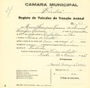 Registo de um veiculo de duas rodas tirado por um animal de espécie muar destinado a transporte de mercadorias em nome de Manuel Henriques Correia, morador na Várzea de Sintra.