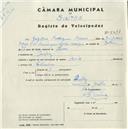Registo de velocípede de marca Raio, com o nº 5314, em nome de Gregório Rodrigues Morais, morador em Queluz.