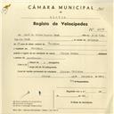 Registo de velocípede de marca Cycles Pombal, com o nº 3859, em nome de José da Silva Duarte Tomé, morador em Odrinhas.