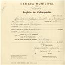 Registo de velocípede de marca Orion, com o nº 3015, em nome de José Cipriano Aleixo Janela, morador em Pexilgais.