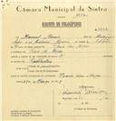 Registo de velocípede com o nº 6332, em nome de Manuel Moreira, morador em Praia das Maçãs.