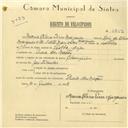 Registo de velocípede de marca Champion, com o nº 5853, em nome de Maria Clara Pires Marques, moradora em Praia das Maçãs.