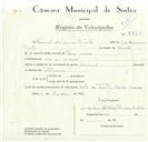 Registo de velocípede de marca Nacional, com o nº 8852, em nome de Manuel Henrique Pinto, morador em Rio de Mouro.