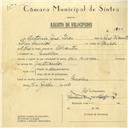 Registo de velocípede com o nº 5865, em nome de António José Pires, morador em Queluz.