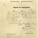 Registo de velocípede com o nº 456, em nome de Alfredo de Oliveira, morador na Rua João de Deus nº 45, Sintra.