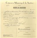 Registo de velocípede com o nº 6824, em nome de António Francisco Reis Fernandes, morador em Linhó.