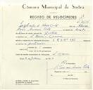 Registo de velocípede de marca LRS, com o nº 9496, em nome de Jorge Carlos de Abreu Costa, morador em S. Marcos.