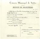 Registo de velocípede de marca Chandler, com o nº 9168, em nome de João Maria Pimenta de Sousa Monteiro, morador em Sintra.