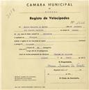 Registo de velocípede com o nº 1836, em nome de Maria Saraiva da Costa, moradora em Vinagre.