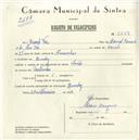Registo de velocípede com o nº 5653, em nome de Manuel Vaz, morador em Queluz.
