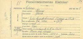 Recenseamento escolar de Elvira de Brito, filha de Júlio Augusto Amaral Teixeira de Brito, moradora na Praia das Maças.