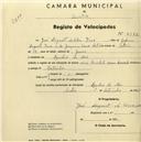 Registo de velocípede de marca Caravela, com o nº 2182, em nome de José Augusto da Silva Dias, morador em Azenhas do Mar.