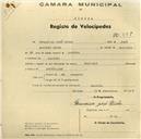 Registo de velocípede de marca Nacional, com o nº 398, em nome de Francisco José Bicho, morador em Gouveia.