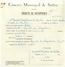 Registo de velocípede com o nº 8305, em nome de Manuel d'Orey Vieira da Rocha, morador em Quinta da Regaleira, Sintra.