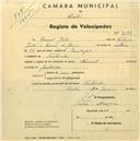 Registo de velocípede de marca Nacional, com o nº 2286, em nome de Manuel Júlio, morador em Fontanelas.