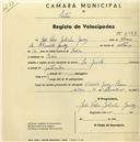 Registo de velocípede com o nº 2199, em nome de João Pedro Godinho Garcez, morador em Cacém.