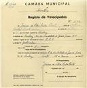 Registo de velocípede de marca L.R.S., com o nº 1544, em nome de Jaime da Silva Rocha Prista, morador na Rua dos Combatentes da Grande Guerra nº 4, Queluz.