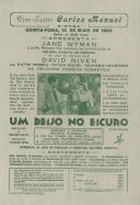 Programa do filme, comédia romantica, Um Beijo no Escuro realizado por Delmer Davis com a participação de Jane Wyman, David Niven, Wayne Morris, Victor Moore e Broderic Crawford.