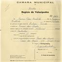 Registo de velocípede de marca Nacional, com o nº 1253, em nome de Jaime Dias Batista, morador em Praia das Maçãs.