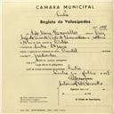 Registo de velocípede de marca Oriental, com o nº 3082, em nome de Ida Maria Vasconcelos, moradora em Sintra.
