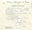 Registo de velocípede de marca Nacional, com o nº 8774, em nome de Ernesto Saraiva dos Santos Cavaco, morador em Eugaria.