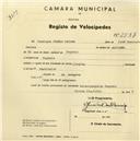Registo de velocípede com o nº 2587, em nome de Domingos Simões Oeiras, morador em Negrais.