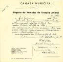 Registo de um veiculo de duas rodas tirado por dois animais de espécie bovina destinado a transporte de mercadorias em nome de José Jerónimo, morador na Ribeira de Rio de Cões.