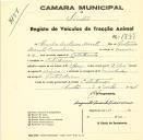 Registo de um veiculo de duas rodas tirado por dois animais de espécie asinina destinado a transporte de mercadorias em nome de Carlos António Duarte, morador em Catribana.