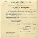 Registo de velocípede de marca Bottechia, com o nº 1773, em nome de Carlos Bonito d'Oliveira Barros Cortez, morador em Cacém de Cima.