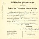 Registo de um veiculo de duas rodas tirado por dois animais de espécie bovina destinado a transporte de mercadorias em nome de Carlos Manuel Rodrigues Zenida, morador na Granja do Marquês.