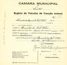 Registo de um veiculo de duas rodas tirado por um animal de espécie muar destinado a transporte de mercadorias em nome de Sociedade Agrícola de Val Flor, sediada na Quinta de Vale Flor.