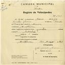 Registo de velocípede de marca Jamila, com o nº 2913, em nome de José Janicas Pedroso, morador em Montelavar.