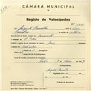 Registo de velocípede de marca Avis, com o nº 4211, em nome de Augusto Ramalho, morador em S. Pedro de Sintra.