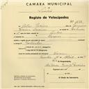 Registo de velocípede com o nº 1538, em nome de Artur Pereira, morador em Cacém.