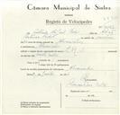 Registo de velocípede de marca L.R.S., com o nº 9043, em nome de António Miguel Pedro, morador em Alvarinhos.