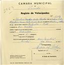 Registo de velocípede com o nº 1764, em nome de Eleutério Corentino Macedo Alcântara, morador em Mem Martins.