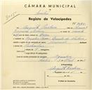 Registo de velocípede de marca Nacional, com o nº 3575, em nome de Augusto Pacheco, morador em Quinta da Abelheira, Agualva.