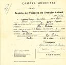 Registo de um veiculo de duas rodas tirado por dois animais de espécie asinina destinado a transporte de mercadorias em nome de Jaime Ferrer Carvalhosa, morador em Pero Pinheiro.