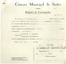 Registo de velocípede com o nº 8854, em nome de Adelino de Carvalho Rato, morador em Assafora.